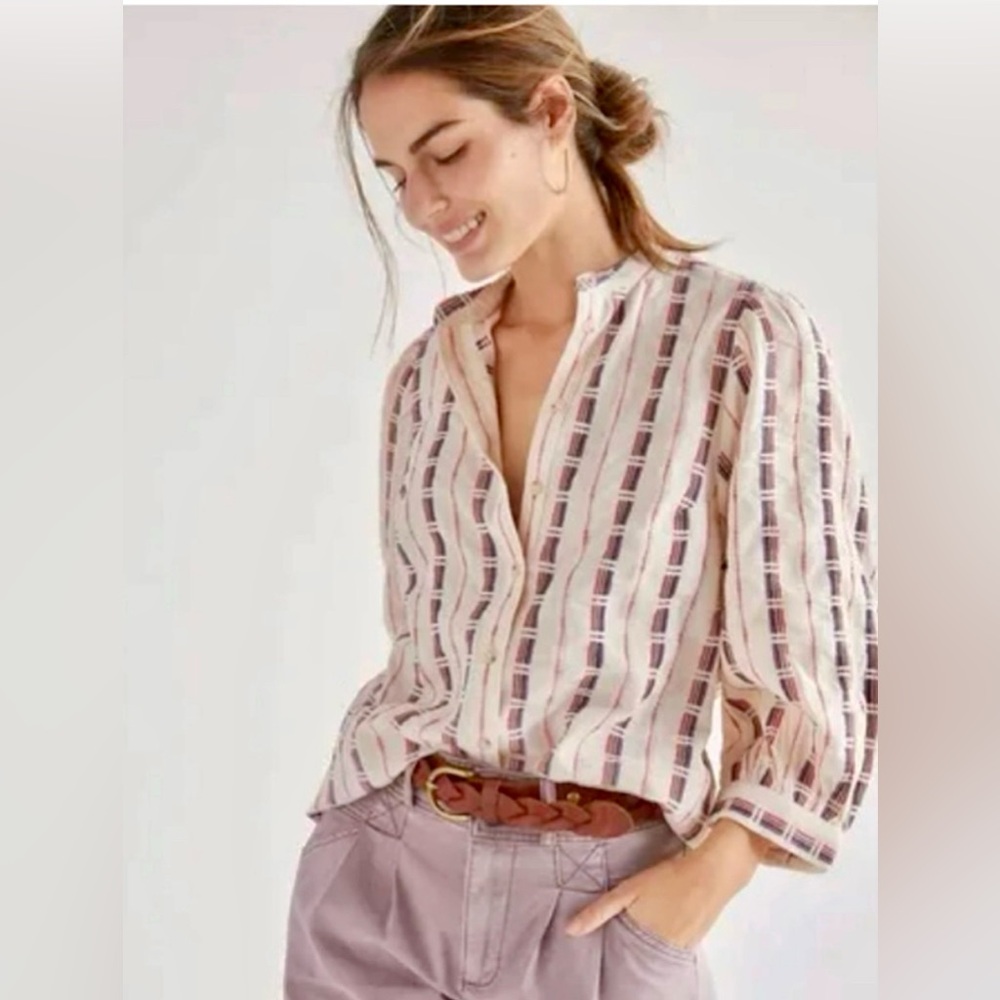 PILCRO ANTHROPOLOGIE The Bella Femme Top Striped Puff Sleeve Embroidered